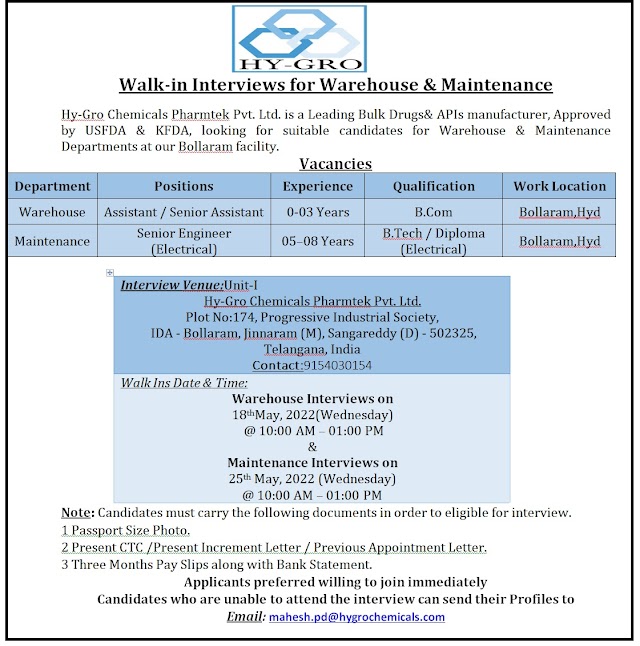 Hy-gro Chemicals | Walk-In Interview at Hyderabad for Warehouse/Engg on 18th & 25th May 2022