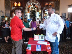 Richard Gottfried facing Neil 'Razor' Ruddock in a warm-up match at the International Rock Paper Scissors Championships in 2012