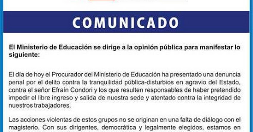 COMUNICADO MINEDU: Denuncia penal contra el señor Efraín Condori - www.minedu.gob.pe