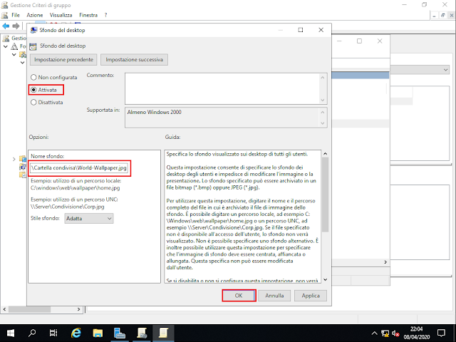 Impostazione sfondo desktop tramite Criteri di gruppo