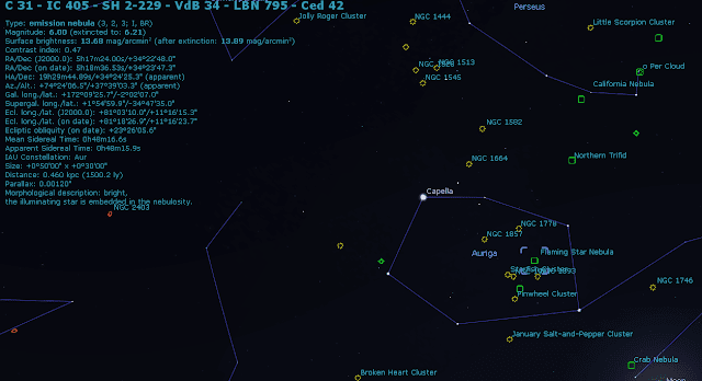 Location of IC 405 - The Flaming Star Nebula as displayed on Stellarium.