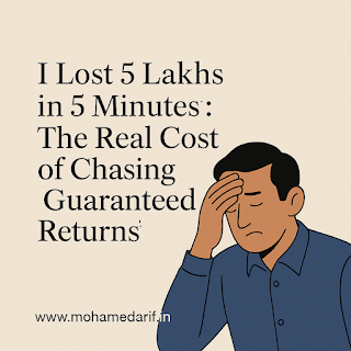 Illustration of a worried man holding his head, alongside the text “I Lost 5 Lakhs in 5 Minutes: The Real Cost of Chasing ‘Guaranteed Returns’” on a beige background, representing financial scam awareness.