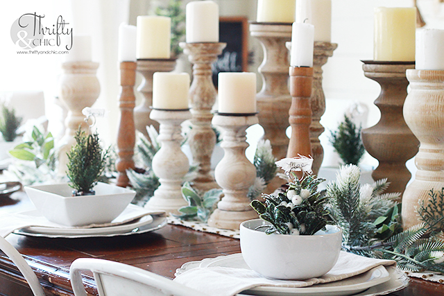 Farmhouse dining room Christmas decor and decorating ideas. Christmas tablescape ideas. Christmas place settings. How to decorate your dining room for Christmas. Dining room wall christmas decor. Dining room with shiplap walls. Neutral christmas dining room decor. Candlestick tablescape.