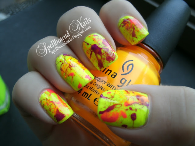 splatter neon nails nailart nail art mani manicure orange yellow purple pink Funky Fingers China Glaze Color Club Spellbound