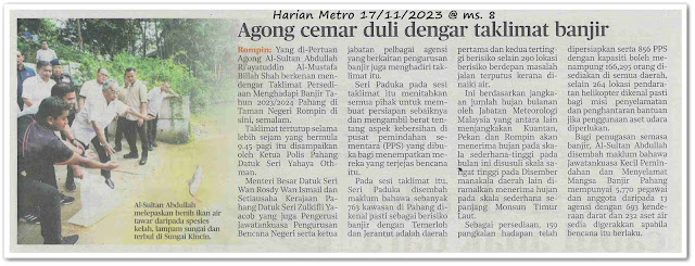 Agong cemar duli dengar taklimat banjir - Keratan akhbar Harian Metro 17 November 2023