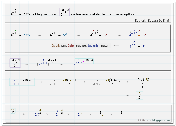 Örnek Soru - 10 » Üslü denklem, yerine koyma » üslü sayıların üsleri (Kaynak: Supara 9. Sınıf).
