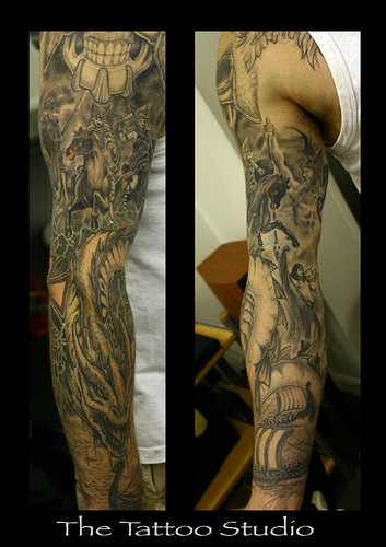 Valkyries and Vikings Sleeve Tattoo by The Tattoo