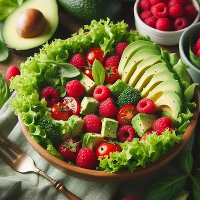 Auf dem Bild ist eine Salatschüssel mit allen Zutaten für einen leckeren Avocado-Salat mit frischen Himbeeren zu sehen. Die Zutaten sind frisch, sehen lecker und appetitlich aus.