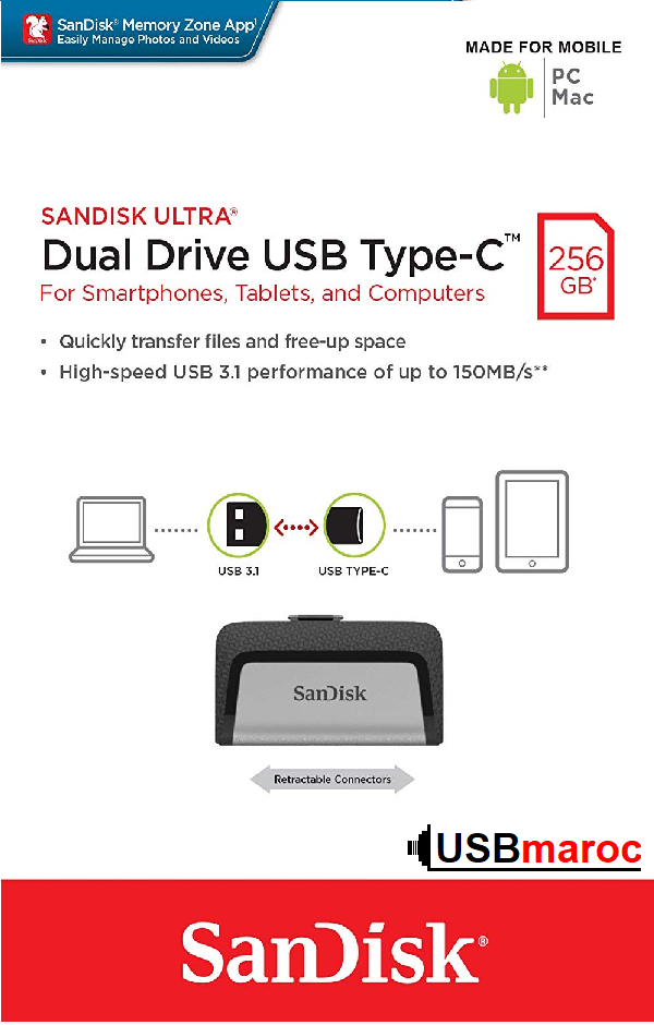 Clé USB / Storage key - 256GB - 3.1 / Sandisk SDDDC2 - G46 -Type-C-Double Connectique Ultra USB 256Go