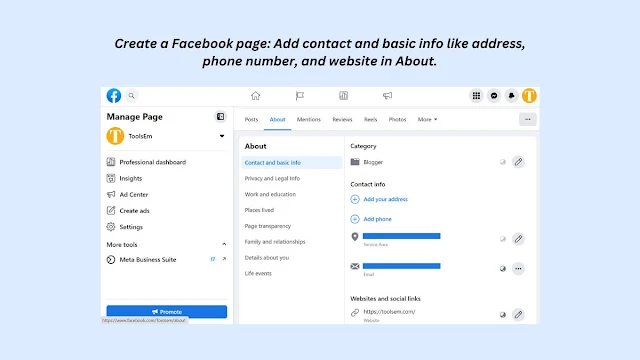 Adding contact and basic info on a Facebook page