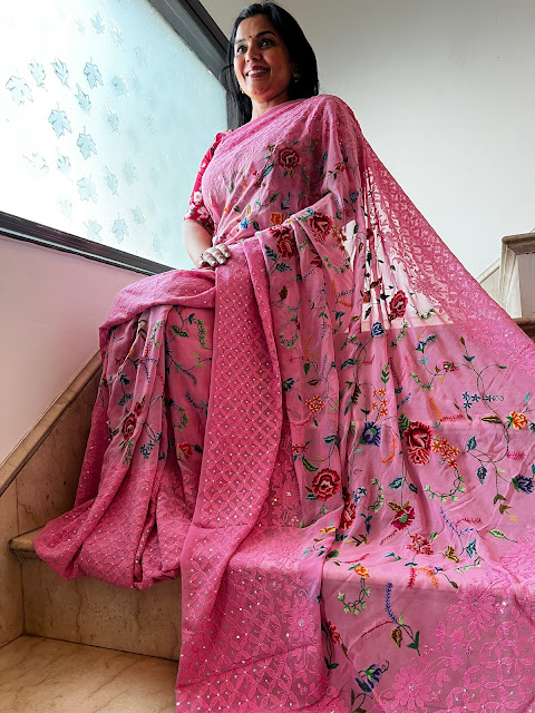 Labor of Love: The Artistry Behind Petit Point, Convent Hand Embroidery, Chikankari, and Sequins on Pure Georgette Sarees