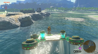 Link on a selfmade flying machine over a small lake with the Great Plateau in the background