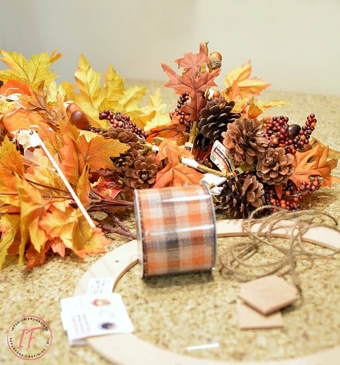 How to make an easy peasy traditional Fall Wreath with mini game tile banner in less than an hour with fall floral picks for the 2015 Fall Ideas Tour