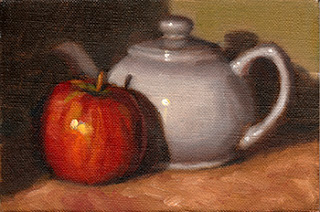 Oil painting of a red apple beside a white porcelain teapot