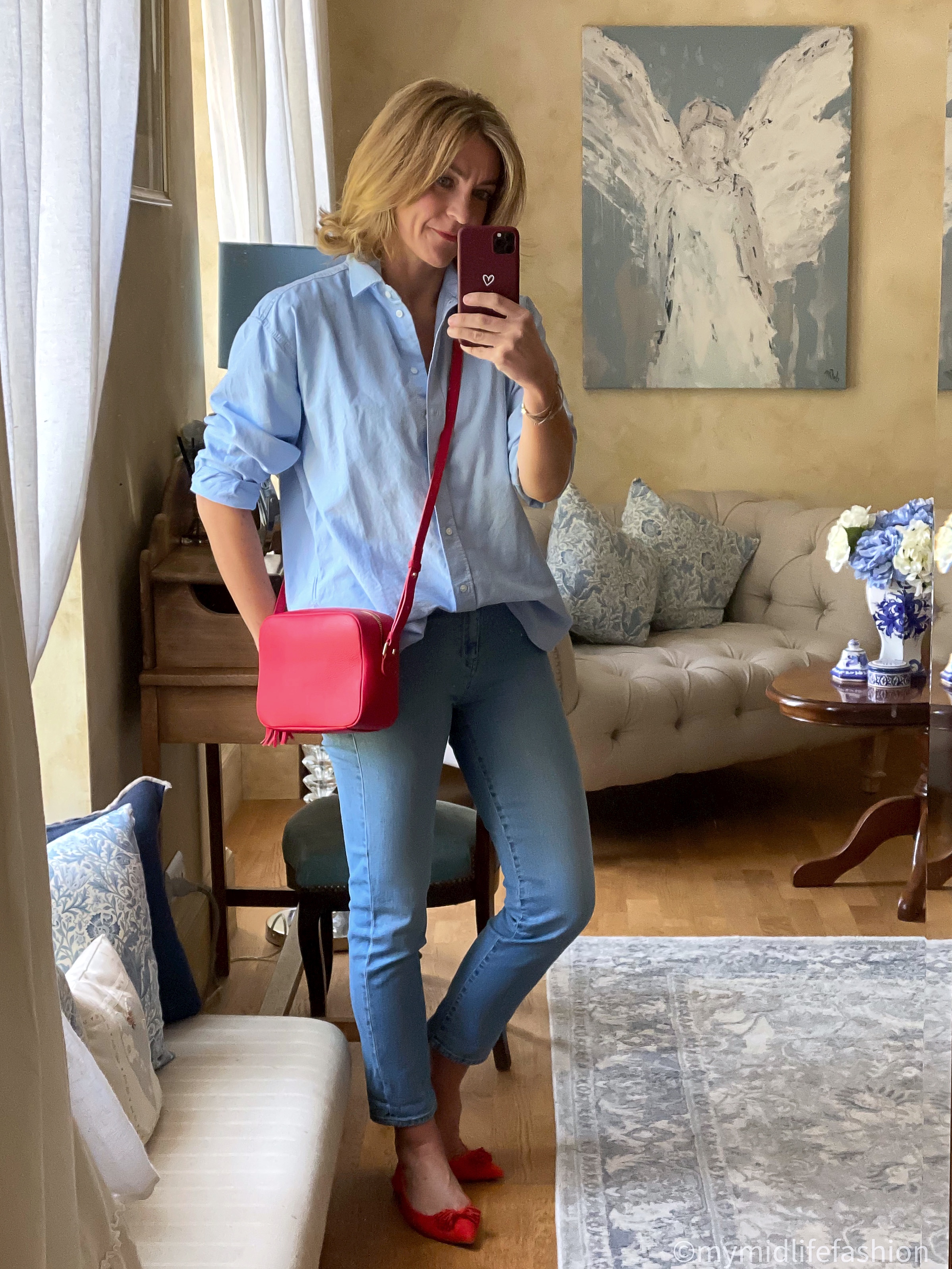 my midlife fashion, h and m Oxford shirt, aurora London Gigi cross body bag, baukjen the organic boyfriend jean, j crew suede tassel ballet pumps