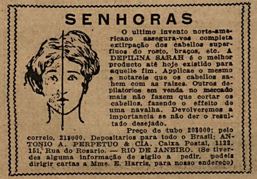 Campanha veiculada em 1925 apresentando um creme depilatório para as mulheres