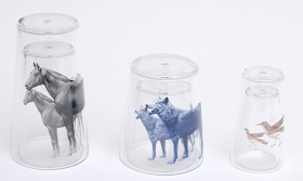 glasses, nesting - with pictures of horses, wolves, birds