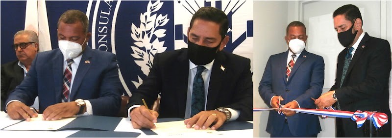 Jáquez y director de INTRANT firman acuerdo para facilitar licencias a dominicanos en el exterior  en  oficina inaugurada en consulado