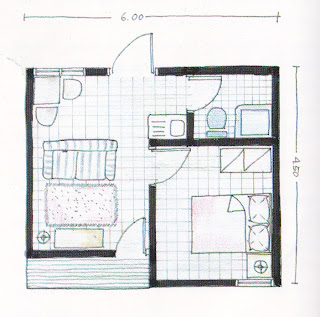 Kamar tidur rumah type 22 kamar tunggal ini yang berukuran 3 m x 3 m 