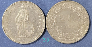 Switzerland 2 Franc Helvetia standing; copper-nickel @ 180