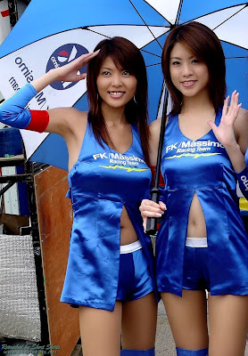 Massima Racing Umbrella Girl wearing lingerie sport outfit, couple girl standing with umbrella, blue lingerie, outdoor lingerie