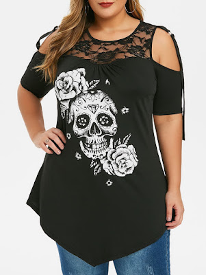 Plus Size Cold Shoulder Skull Floral Print Halloween T-shirt - 4x
