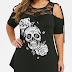 Plus Size Cold Shoulder Skull Floral Print Halloween T-shirt - 4x