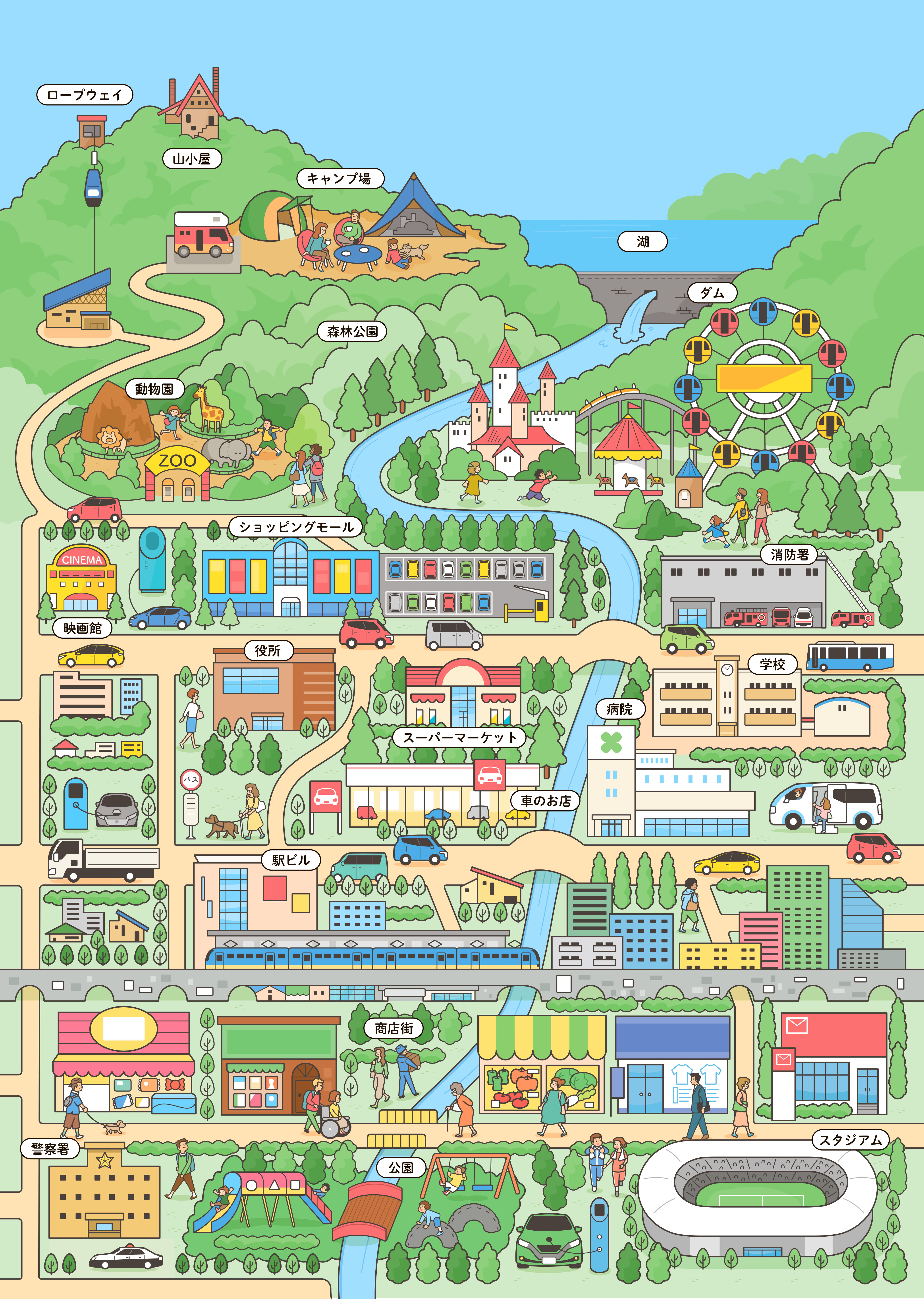 街イラスト　鳥瞰イラスト