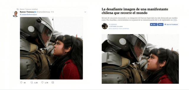 Manifestante chilena, Chile, Cataluña, policía, manipular fotos