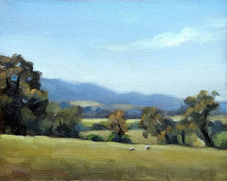 Landscape oil painting of distant hills with eucalypts and sheep in the foreground.