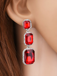 Artificial Gem Rhinestone Geometry Earrings - Red