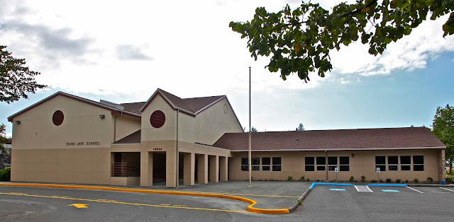 The front view of Echo Lake Elementary school. Two stories on the left and one story long building on the right. Photo by Steven H. Robinson