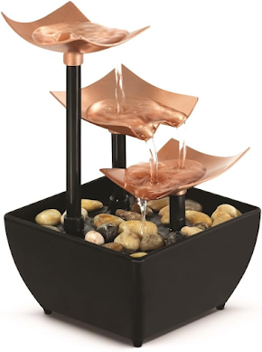 Black flowing water battery operated desk waterfall with three towers with a copper leaf.