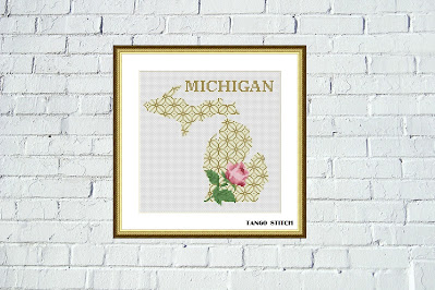 Michigan USA state map flower ornament cross stitch pattern