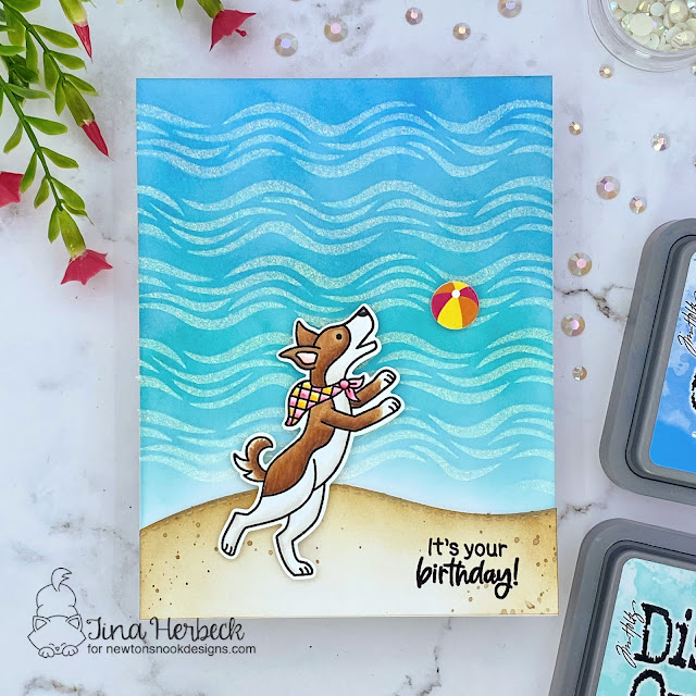 Dog Birthday Card by Tina Herbeck | Dog Park Stamp Set, Land Borders Die Set and Waves Stencil by Newton’s Nook Designs #newtonsnook