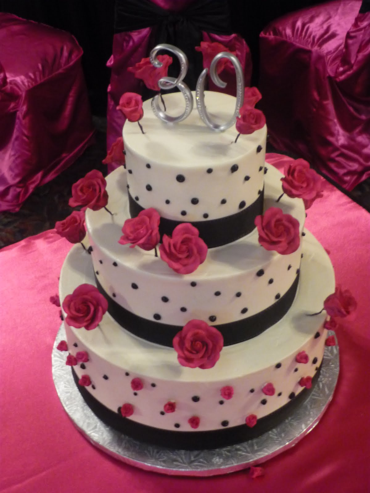 monogram wedding cake toppers Three Tiered Buttercream 30th Birthday Cake: Hot Raspberry Roses 