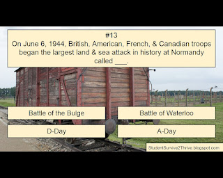On June 6, 1944, British, American, French, & Canadian troops began the largest land & sea attack in history at Normandy called ___. Answer choices include: Battle of the Bulge, Battle of Waterloo, D-Day, A-Day