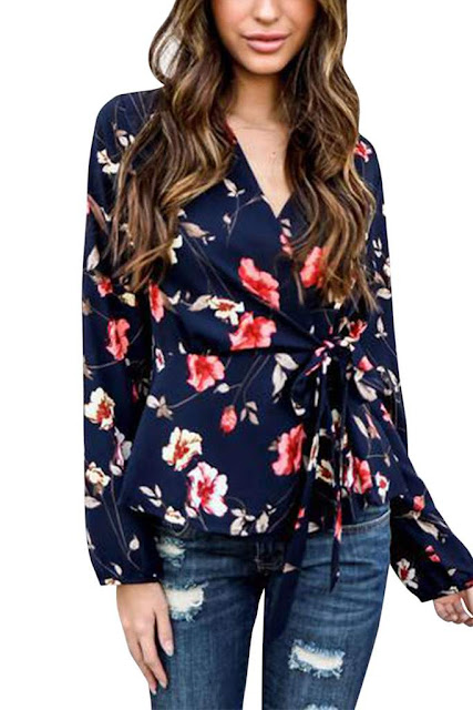 Iyasson Floral Tie Wrap Long Sleeve Blouse 