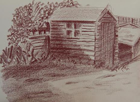 Pencil drawing of a shed in the garden