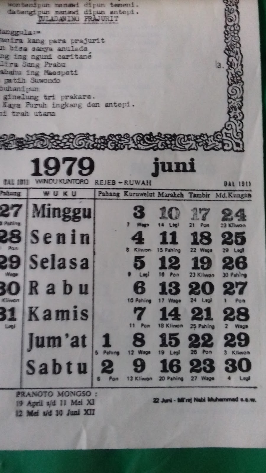 Gudang Barang Lawas KALENDER  JAWA  TAHUN 1979 ADA HARI 