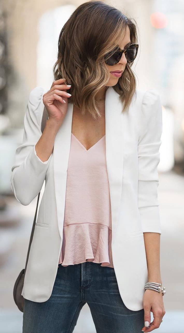 what to wear with a white blazer : pink top + jeans + bag