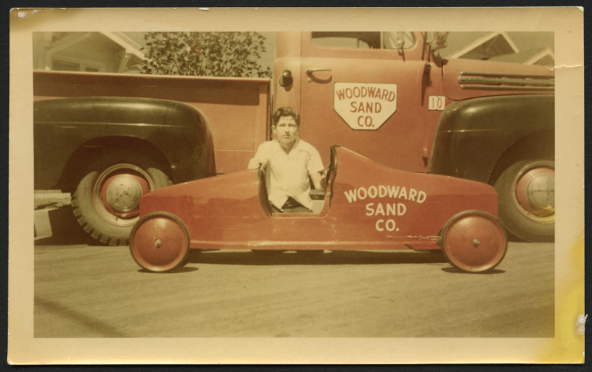 Woodward Sand Co soap box derby car w'51 Ford F1 pickup sponsor vehicle