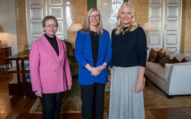 Crown Princess Mette-Marit wore a light blue wesley pleated cashmere midi skirt by Gabriela Hearst