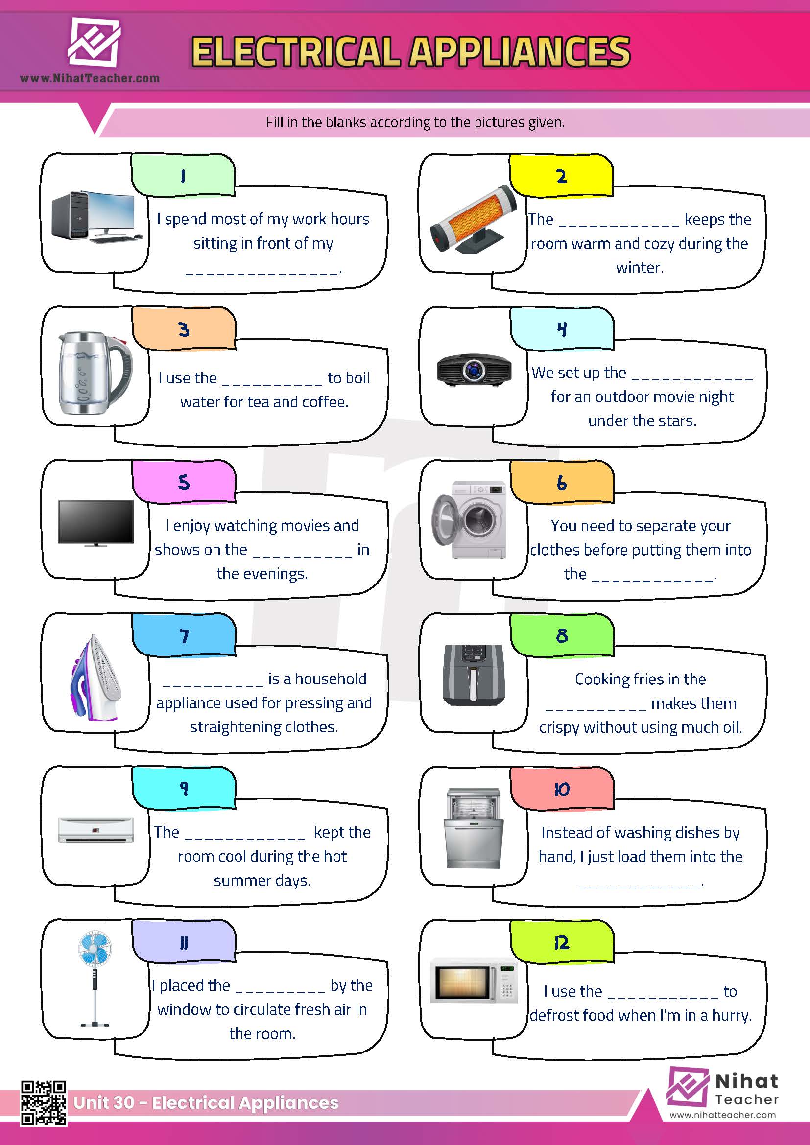 Electrical appliances in English.   A PDF worksheet about electrical appliances in English.   A downloadable, print-friendly, PDF worksheet about electrical appliances in English.   Exercises about electrical appliances in English.