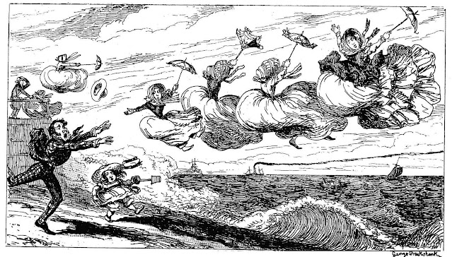 an 1850 George Cruickshank cartoon of women with parasols in billowy clothes being blown off a windy beach