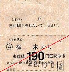 東武鉄道　常備軟券乗車券9　日光線　楡木駅