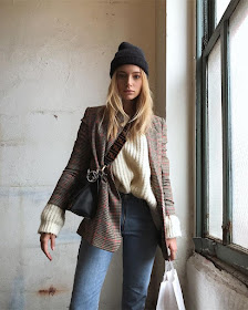 Layered Winter Outfit — Model Maya Stepper With a Black Beanie, Plaid Houndstooth Blazer, Cream Sweater, Fendi Bag, and Jeans