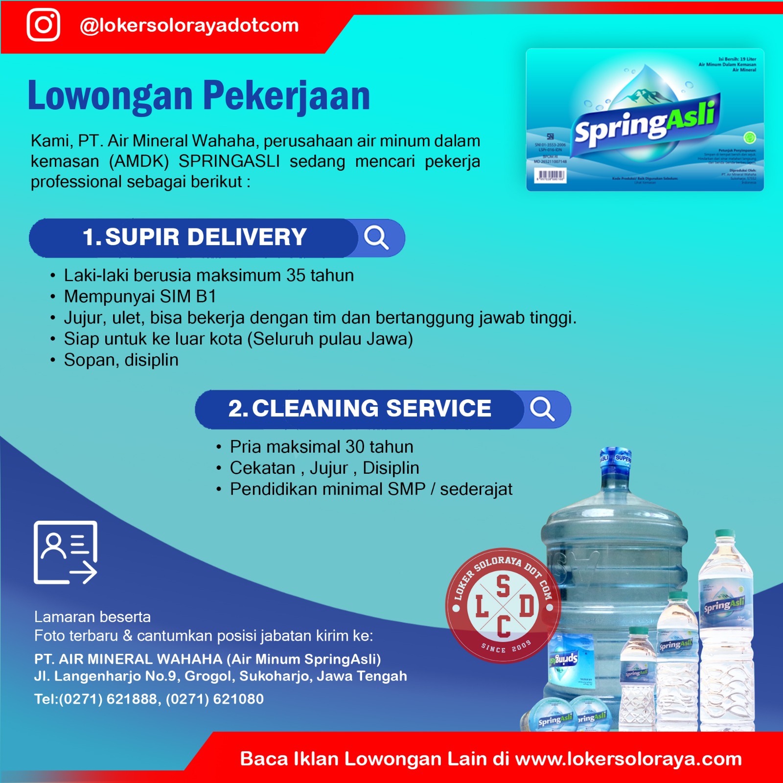 Loker Sopir Delivery dan Cleaning Service Sukoharjo di PT Air Mineral Wahaha