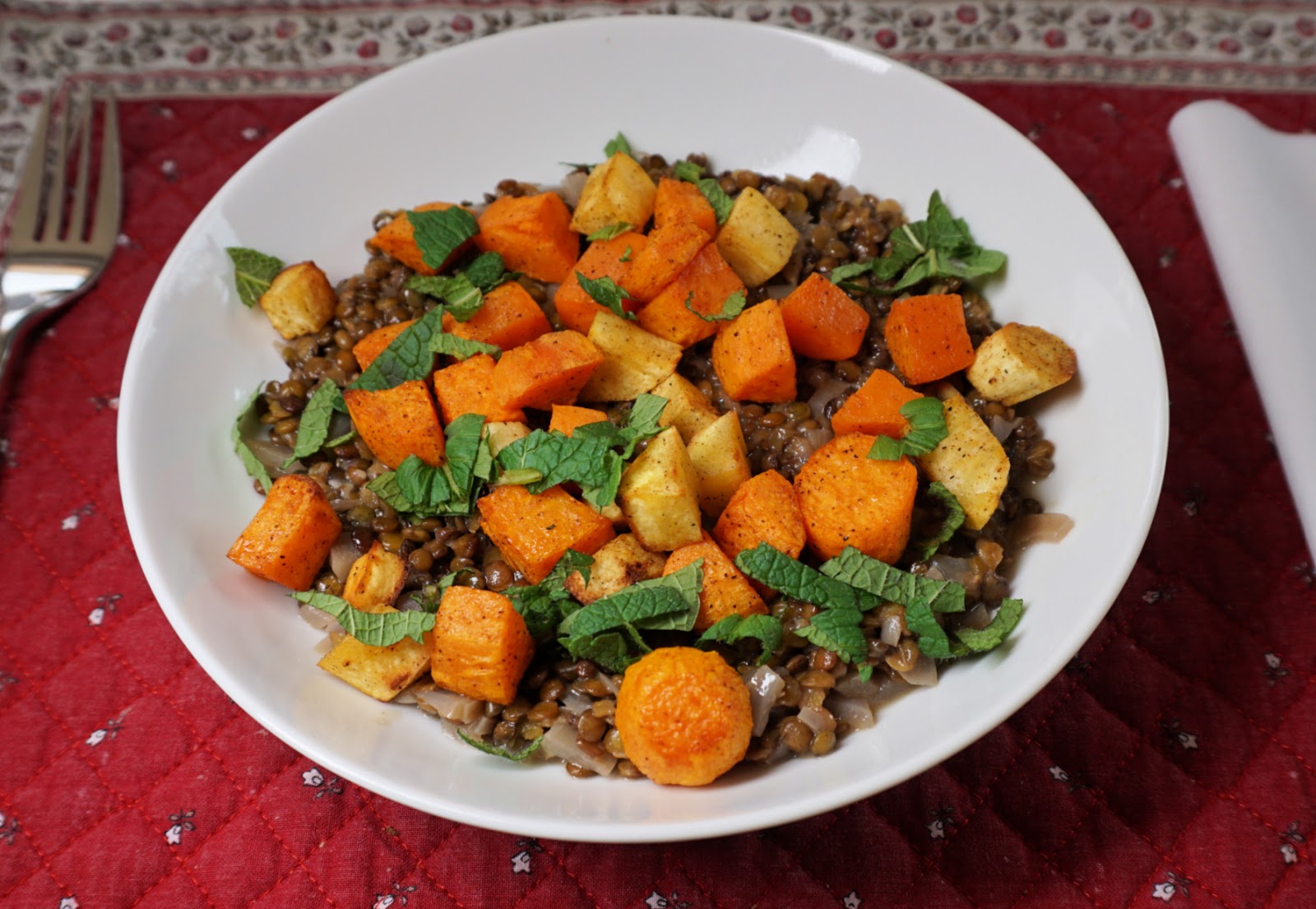 Green lentil risotto with roasted root vegetables