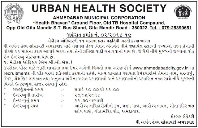 Urban Health Society Ahmedabad Recruitment for Medical Officer Post 2018